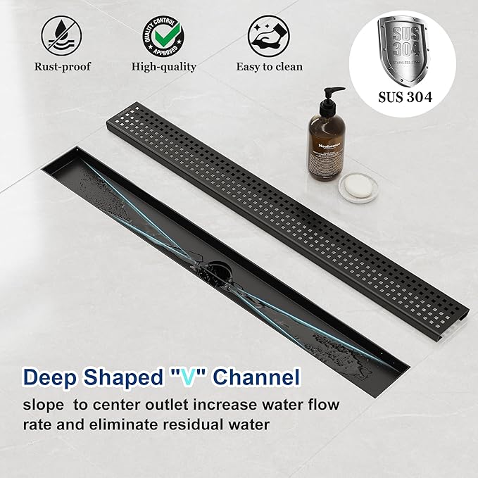 Neodrain 24-Inch Black Linear Shower Drain with Removable Quadrato Pattern Grate, 304 Stainless Steel Rectangle Shower Floor Drain, Linear Drain with Leveling Feet, Hair Strainer, Matte Black