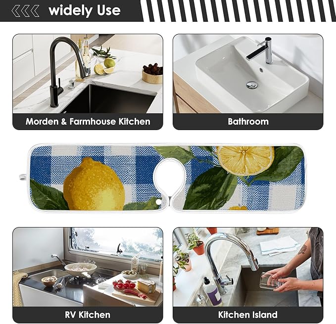 Sink Faucet Absorbing Mat Kitchen Sink Splash Guard Splash Faucet Drip Catcher for Bar RV Bathroom 2PCS 14.9x5.5in Blue and White Gingham Summer Lemons