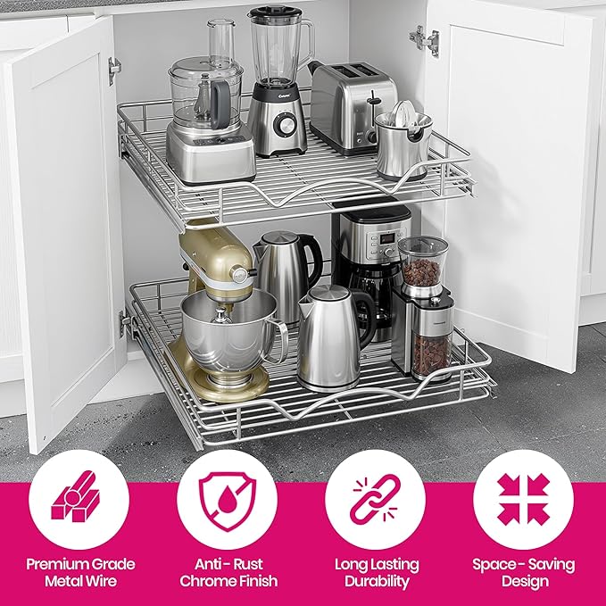 HOLDN’ STORAGE Two Tier Pull Out Cabinet Organizer, Individual Sliding Drawers - Heavy Duty Metal with Lifetime Limited Warranty - Anti Rust Chrome Finish - 14" W x 21”D x 16.5" H