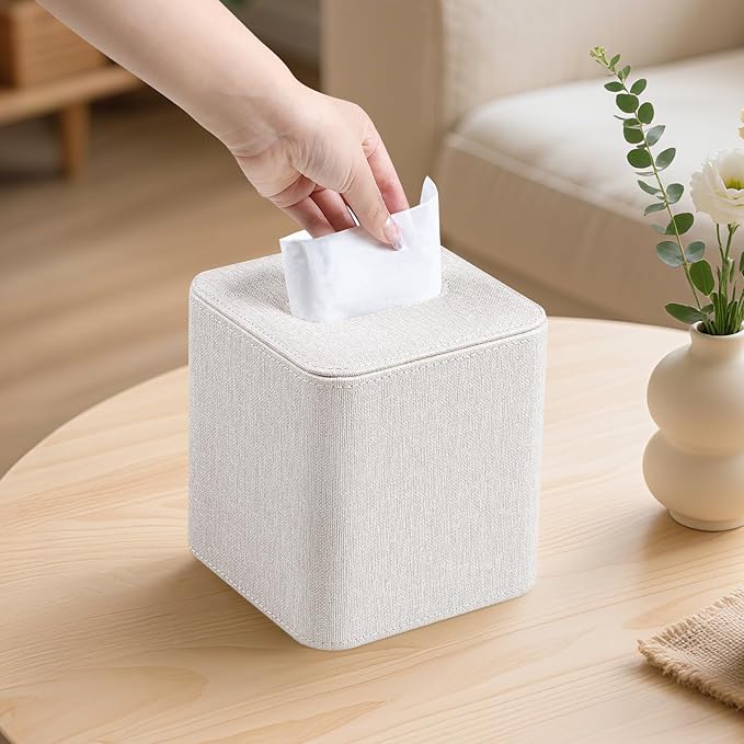 Square Linen Tissue Box Cover with Magnetic Closure, Modern PU Leather Tissue Box Holder for Bathroom Vanity NightStands Bedroom Office Desk, Stylish Cube Tissue Holder