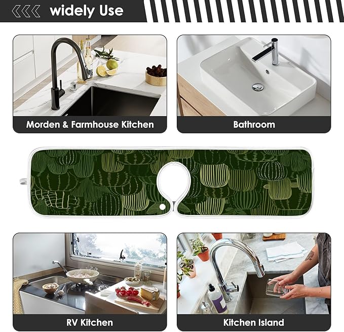 2 PCS Kitchen Sink Splash Guard 30 Inch Faucet Mat for Kitchen Sink Bathroom Sink Faucet Absorbing Drip Drain Mat Pad Microfiber Soft Washable Dark Green Cactus Plants