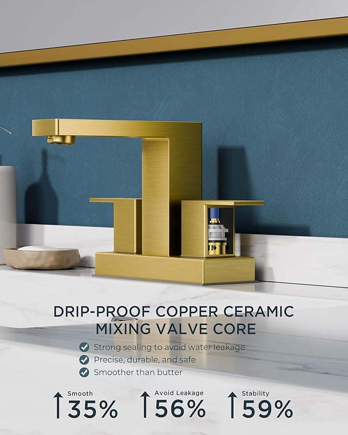 FORIOUS Gold Bathroom Faucet Centerset 4 in, 2 Handle Centerset Bathroom Sink Faucet Brushed Gold 2 Hole, with Metal Pop Up Drain, 24 in CUPC Supply Lines, for Vanity Sink Remodel