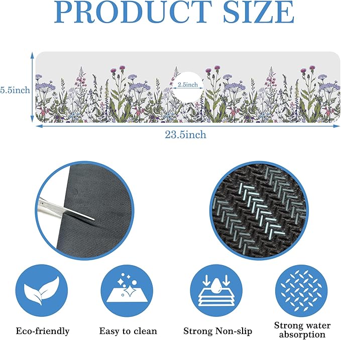 Faucet Mat Splash Guard Botanical Herbs Wild Flower, Soft Diatom Mud Material, Strong Water Absorption, Non-slip,Easy to Clean for Bathroom, Kitchen 23.5"X5.5"