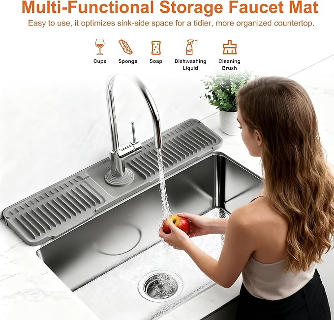 Silicone Faucet Mat for Kitchen Sink Splash Guard (24" x 5.5") - 7° Incline, Quick Self-Draining & Snap-Lock Kitchen/Bathroom Sink Protector Quick Dry Around Faucet Draining Mat Christmas Gifts