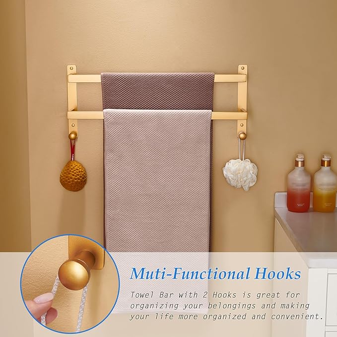 24 Inch Double Towel Bar for Bathroom with Hooks Stainless Steel Bath Towel Rack Wall Mounted Gold Finished