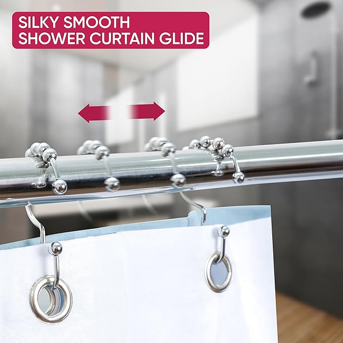 Shower Curtain Hooks Rust Proof (Set of 12) - Stainless Steel Shower Curtain Rings - Anti Slip Roller Balls for Easy Glide (Double Anchor Hooks, Chrome)