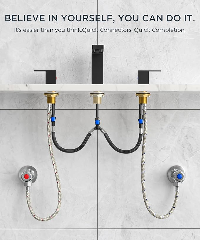 FORIOUS 8 Inch Widespread Black and Gold Bathroom Faucet Square, 2 Handle 6 Inch Matte Black Faucets for Bathroom Sink 3 Hole 8-10 Inch Vanity Sink, with Pop-up Drain, Hot and Cold Water Hoses