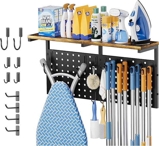 Ironing Board Hanger Wall Mount with Cleaning Supplies Organizer, Laundry Room Organization Storage Shelf with Iron Stand & Broom Mop Holder Hooks, Utility Rack for Home Garage Kitchen