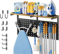 Ironing Board Hanger Wall Mount with Cleaning Supplies Organizer, Laundry Room Organization Storage Shelf with Iron Stand & Broom Mop Holder Hooks, Utility Rack for Home Garage Kitchen