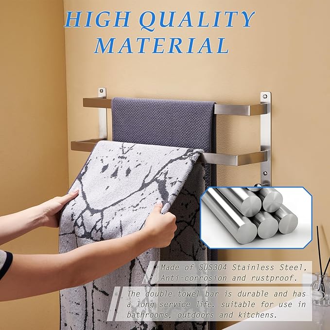 Bath Double Towel Bars with Hooks, 24 Inch Brushed Stainless Steel Towel Rail, Wall Mount Towel Rack for Bathroom Lavatory