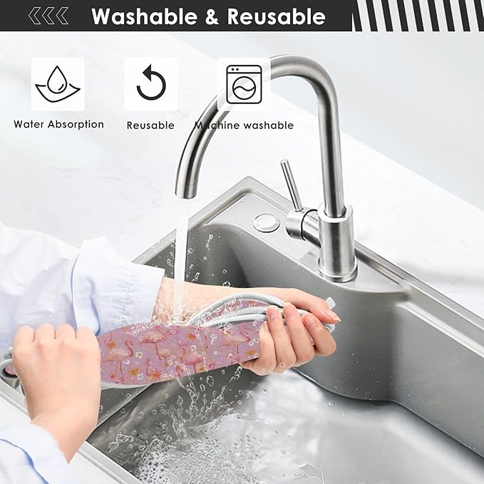 2 PCS Kitchen Sink Splash Guard 30 Inch Faucet Mat for Kitchen Sink Bathroom Sink Faucet Absorbing Drip Drain Mat Pad Microfiber Soft Washable Black and Pink Flamingo Petals