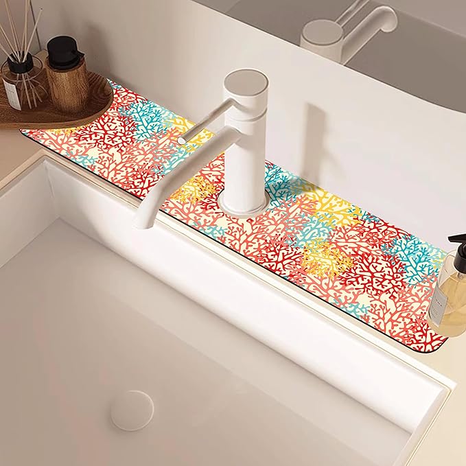 Colorful Sea Corals Dish Drying Mat for Kitchen Sink Splash Guard Behind Faucet Sink Mat Absorbent Fast Drying Faucet Draining Mat for Bathroom Kitchen 5.5"×24"