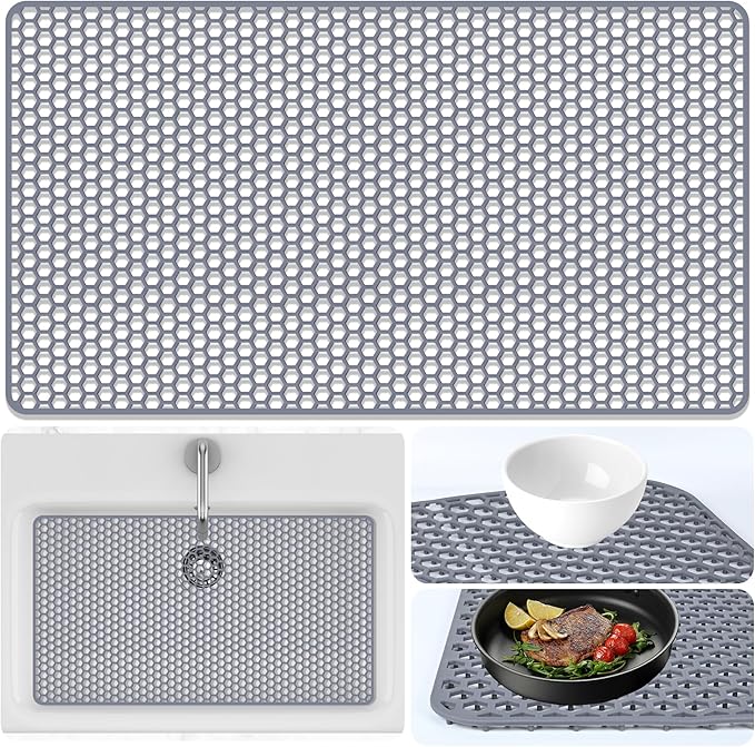 Sink Protectors Mat - 28.3"x15.55" Kitchen Sink Pad for Bottom of Basin for Protection of Stainless Steel and Tableware, Farmhouse Rubber Basin Mat Protector - Light Gray