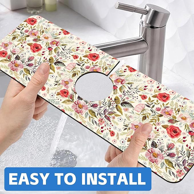 Abstract Red Pink Floral Dish Drying Mat for Kitchen Sink Splash Guard Behind Faucet Sink Mat Absorbent Fast Drying Faucet Draining Mat for Bathroom Kitchen 5.5"×15"