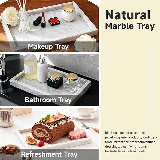 12"x8" Marble Tray White Rectangular Bathroom Tray countertop, Vanity & Kitchen | Includes Mirror Wiper and Wash Towel | Decorative Organizer for Perfume, Jewelry & Home Decor