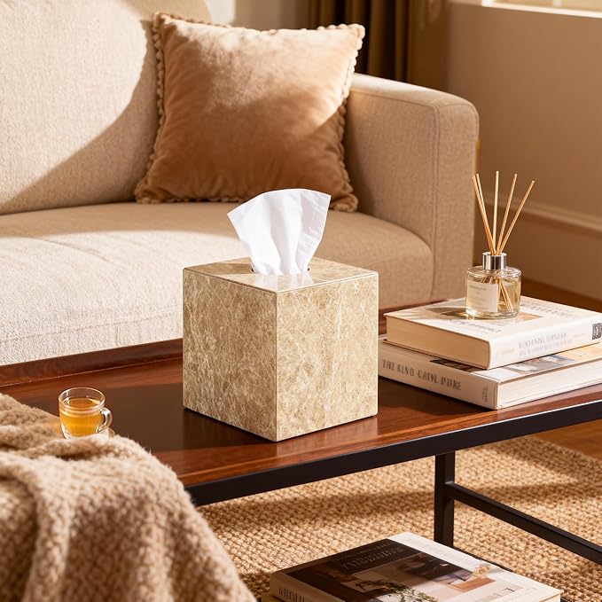 Natural Marble Tissue Box Holder Cover, Square Cube Tissue Box Holder with Open Bottom for Bathroom Vanity Tops, Bedroom Dressers, Kitchen Countertop, Light Brown (NS042)