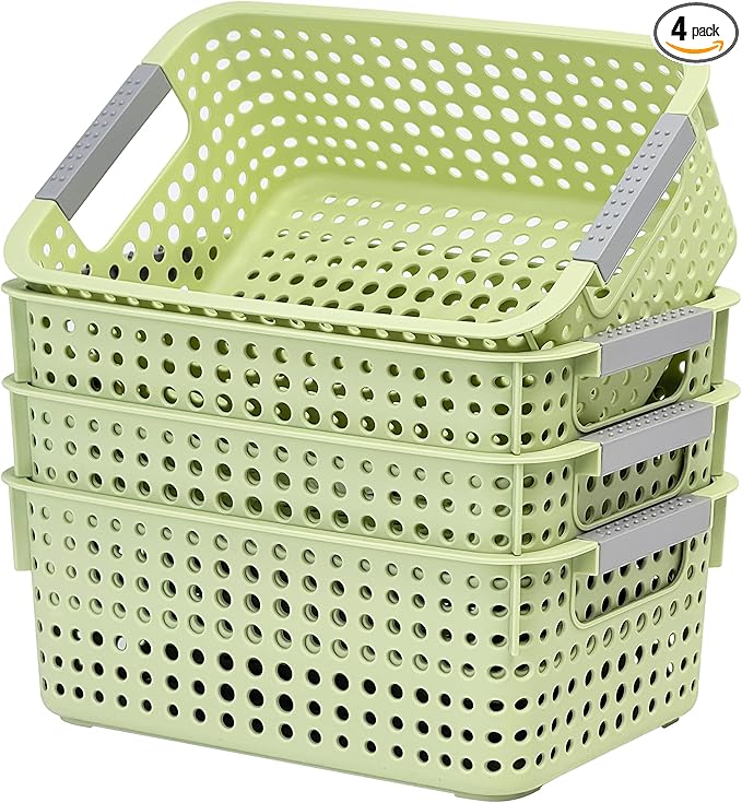 Soddeph 4 Pack Fully Hollow Plastic Organizer Basket with Handles, Multi-Purpose Organizer for Under Bathroom Sink,Kitchen Cabinet, Ideal for Toiletries (Green, Small)
