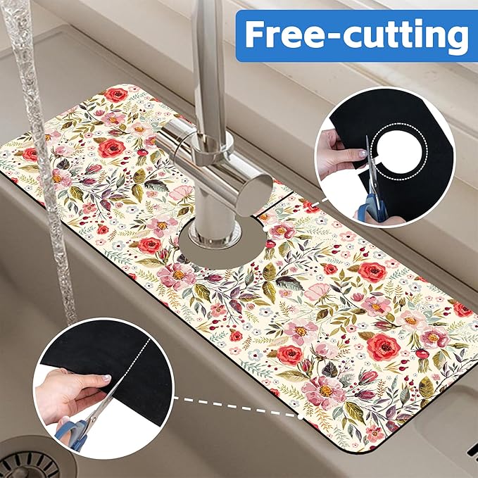 Abstract Red Pink Floral Dish Drying Mat for Kitchen Sink Splash Guard Behind Faucet Sink Mat Absorbent Fast Drying Faucet Draining Mat for Bathroom Kitchen 5.5"×15"