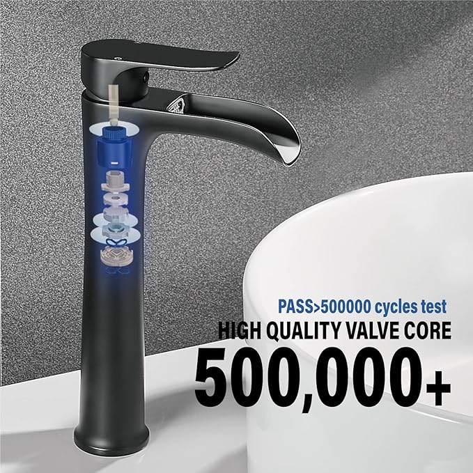 YUNDOOM Vessel Sink Faucet, Matte Black Single Hole Single Handle Tall Bathroom Bowl Sink Faucet,Waterfall Bathroom Faucet