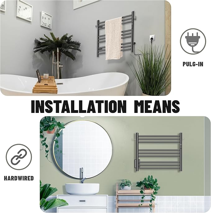 K&KALONZO Towel Warmer for Bathroom, Wall-Mounted 9-Bar Heated Towel Rack with Built-in Timer, Waterproof Electric Towel Heater, Support Plug-in and Hardwired, Matte Black, EL13S
