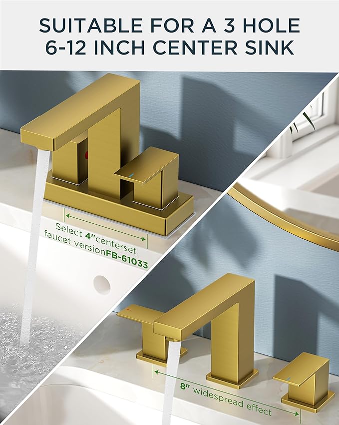 FORIOUS 2 Pack Gold Bathroom Faucet 3 Hole, Square 2 Handle 8 in Widespread Brushed Gold Bathroom Sink Faucet 3 Hole with Metal Drain, 24" CUPC Supply Lines and Spare Aerator