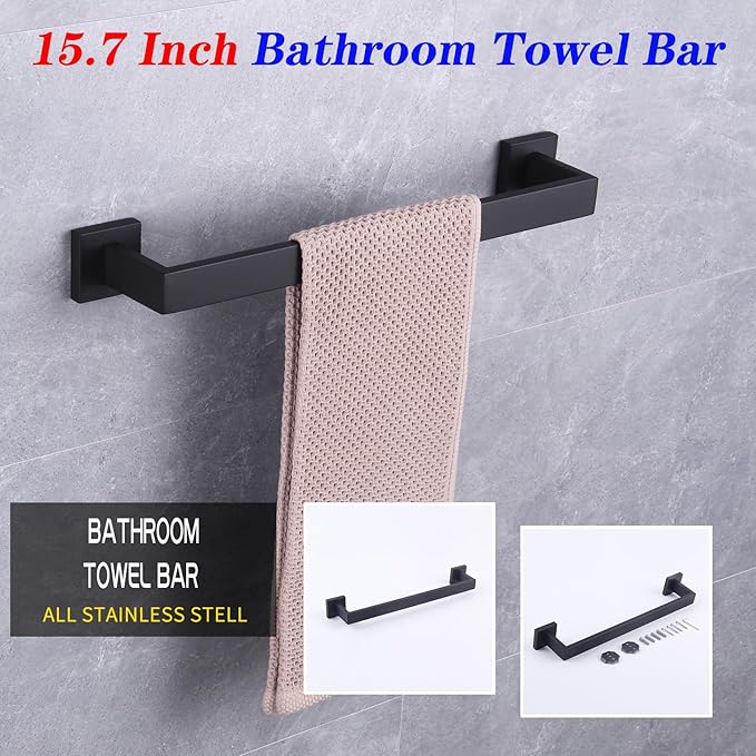 GERZWY 16-Inch Matte Black Bathroom Towel Bar SUS 304 Stainless Steel Bath Towel Bar Modern Style Wall Mount FG160140-BK