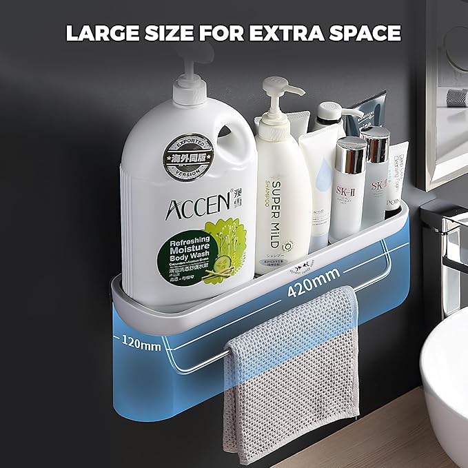 Shower Caddy Multipack (2) - Wall Mounted - with Towel Bar - Extra Strong Self Adhesive - No Drilling - Easy Drainage - Stylish and Space Saving - Rustproof (White/Gray)