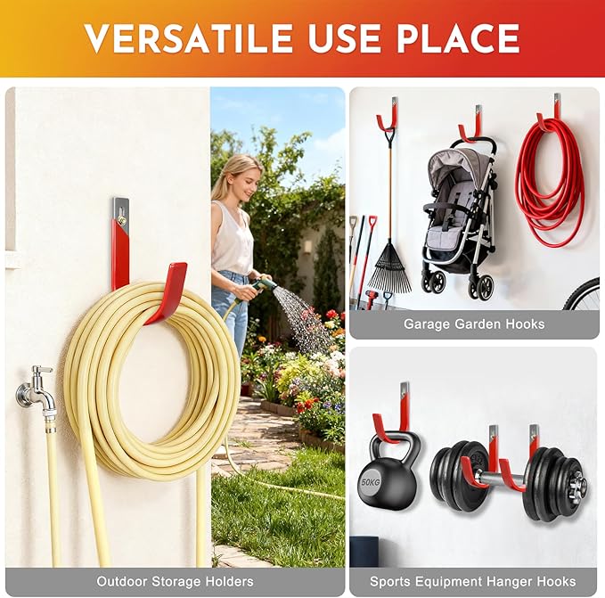 Heavy Duty Metal Garage Hooks Wall Mount 2 Pack, Garage Hanger Utility Storage Hooks for Outside, Hose Rack Suitable for Garage,Garden and Yard,Red
