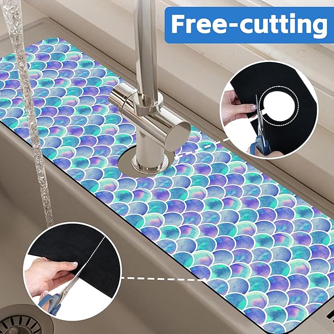Watercolor Rainbow Scales Sink Faucet Absorbing Mat Sink Splash Guard Faucet Mat Draining Mat Fast Drying Sink Protectors for Kitchen and Bathroom 5.5"×24"