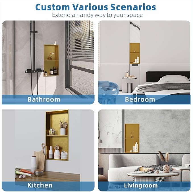 Shower Niche No Tile Needed: Stainless Steel Double Layer - 12"x24" Recessed Wall Niches Shelves for Bathroom Kitchen Toilet Storage - Brushed Gold