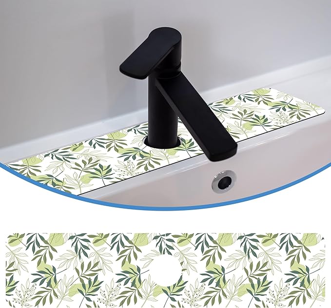 Faucet Mat for Kitchen Sink Artistic Green Leave Branche, Soft Diatom Mud Material, Strong Water Absorption, Non-slip, Easy to Clean for Bathroom, Kitchen 23.5"X5.5"