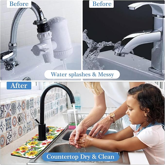 Faucet Mat for Kitchen Sink Sunflower Cornflower Poppy Barley, Soft Diatom Mud Material, Strong Water Absorption, Non-slip, Easy to Clean for Bathroom, Kitchen 15"X5.5"