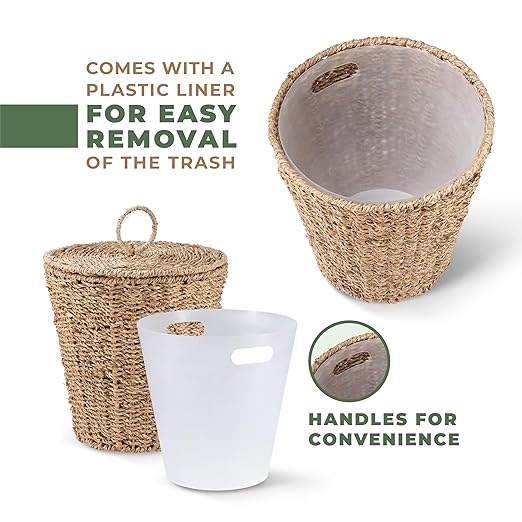 3 Gallons Seagrass Waste Basket with Lid and Liner - Wicker Trash Can