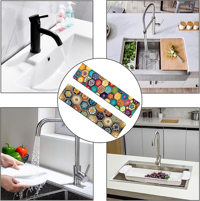 Bimkole 2 PCS Faucet Absorbent Mat, Kitchen Faucet Sink Splash Guard Wraparound Cloth Pads Drip Catcher for Sink Faucet for Kitchen Bathroom Faucet, Colorful Faucet Mat, 15 x 4 Inch Flower A7