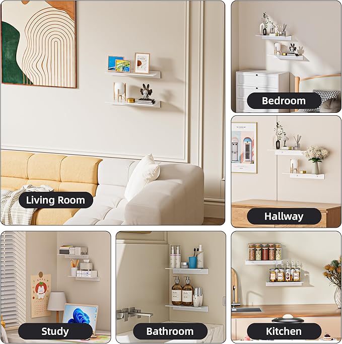 White Metal Floating Shelf 2-Piece Set, Adhesive Wall Shelves in Thickened Aluminium Wall Mounted Shower Caddy, Ideal for Display & Storage in Living Room, Bedroom, Bathroom (11.7")