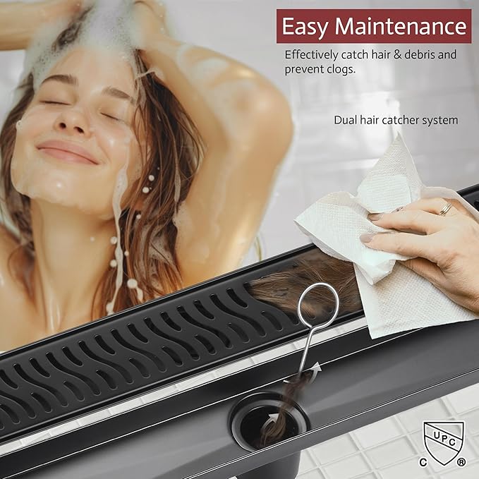 24 Inch Linear Shower Drain, Matte Black Shower Drain,Removable Grate, 304 Stainless Steel, Easy to Install and Clean for Bathrooms (Drain Base Not Included), LSD-51A-24B