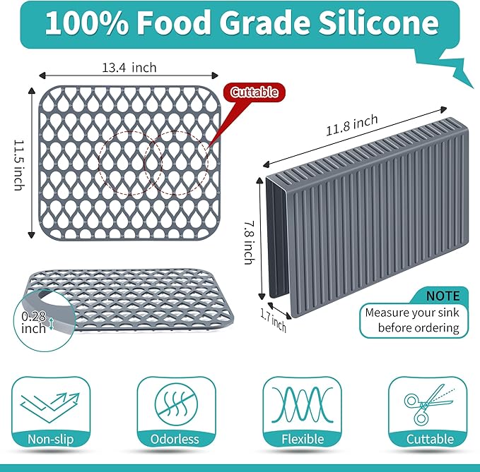 3 Pack Sink Mat and Sink Saddle Set, Sink Protectors for Kitchen Sink, Non Slip Silicone Sink Mat Dishwasher Safe, Protect Double Sink from Stains, Damage, Scratches (Cuttable)
