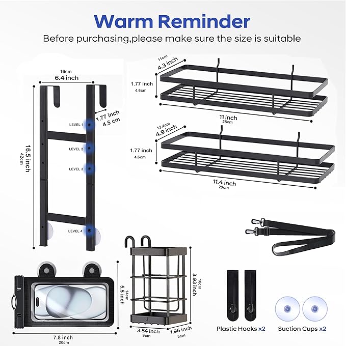 Over the Door Shower Caddy Hanging, Rustproof Shower Shelves with Waterproof Phone Pouch, 2-Tier Adjustable Bathroom Organizers and Storage, No Drilling Shower Shelf, Black Shampoo Soap Holder