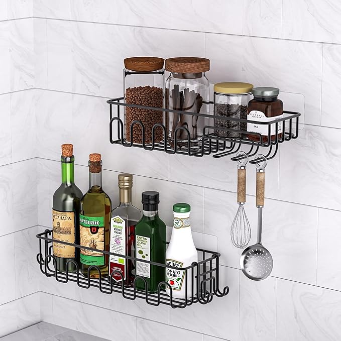 Adhesive Shower Caddy: 2 Bonus Hooks, 4-Pack Wall Mounted Bathroom Storage Shelf, Rustproof Metal Basket Organizer for Kitchen & Bathroom Drill Free Black