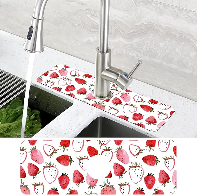Watercolor Strawberry Kitchen Sink Splash Guard Mat Absorbent Fast Drying Mat Faucet Draining Mat Sink Splash Guard Behind Faucet Drip Catcher for Kitchen Bathroom 5.5"×15"