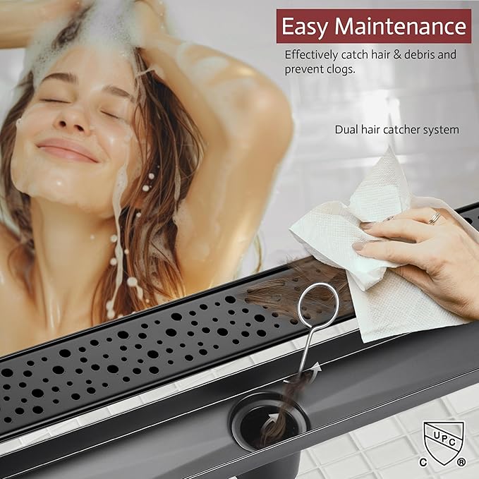 24 Inch Linear Shower Drain, Matte Black Shower Drain,Removable Grate, 304 Stainless Steel, Easy to Install and Clean for Bathrooms (Drain Base Not Included), LSD-19A-24B