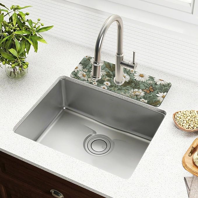Kitchen Sink Splash Guard 1 PC 14.7 Inch Sink Faucet Mat Splash Guard for Bathroom Countertop Water Absorbent Foldable Cuttable Soft Washable Summer Daisy Butterfly Green