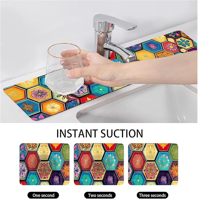 Bimkole 2 PCS Faucet Absorbent Mat, Kitchen Faucet Sink Splash Guard Wraparound Cloth Pads Drip Catcher for Sink Faucet for Kitchen Bathroom Faucet, Colorful Faucet Mat, 15 x 4 Inch Flower A7