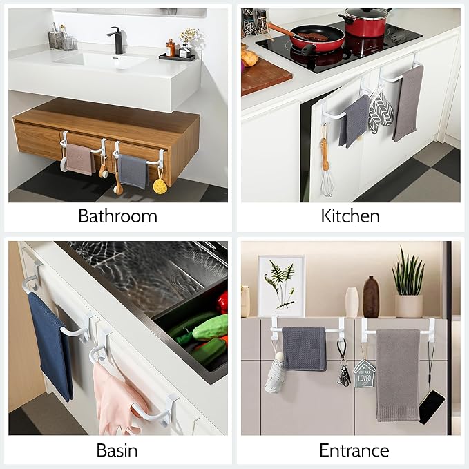 SAYAYO Over Cabinet Towel Bar White, 10 Inch Kitchen Towel Holder with 2 Hooks, Over The Cupboard Door Dish Towel Rack, 2 Pcs