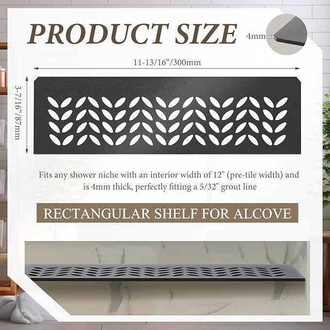 1 Pcs Aluminum Shower Niche Rectangular Shelf Black 5/32"/ 4 mm Thick, Petal Design, Matte Black Finish for 12" Prefabricated Niches, Fits 5/32" Grout Line