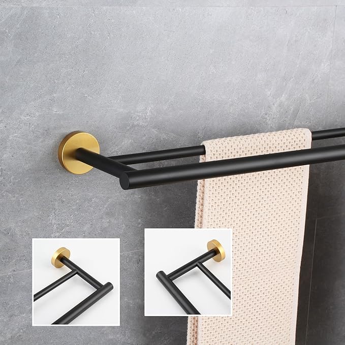 GERZWY Bath Double Towel Bar 30-Inch Stainless Steel Bathroom Towel Rail Wall Mounted Hand Towel Holder Black & Gold