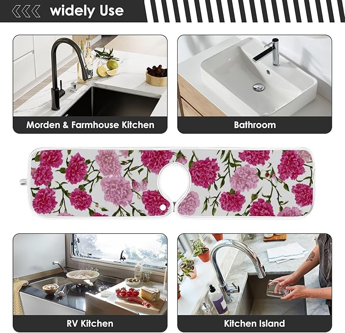 2 PCS Kitchen Sink Splash Guard 23.6 Inch Faucet Mat for Kitchen Sink Bathroom Sink Faucet Absorbing Drip Drain Mat Pad Microfiber Soft Washable Beige and Pink Carnation