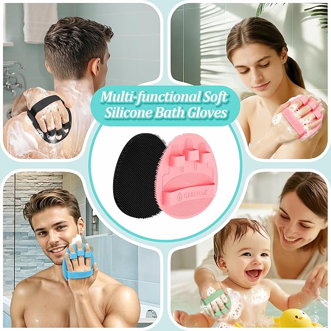 Upgrade Silicone Bath Glove 4PCS, 360° Anti-Slip & Enlarged Silicone Body Scrubber for Rich Foaming Deep Cleaning, Revolutionary No-Grip & Hand-fit Shower Scrubber for All Skin Types.(4-Color)