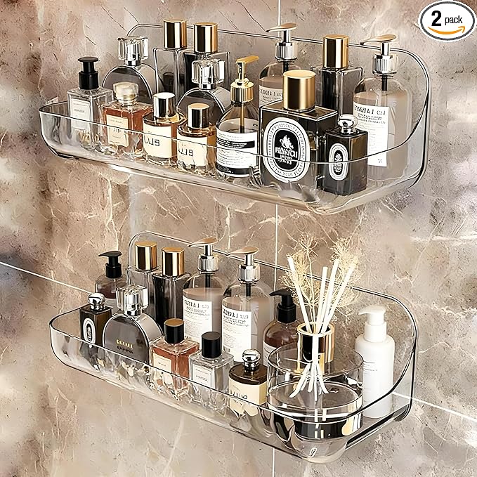 2 PCS Acrylic Wall Mounted Transparent Shelf, Non Drilled Wall Adhesive Bathroom Shelf with Self-adhesive Tape, Suitable for Storage in Bathrooms and Kitchens