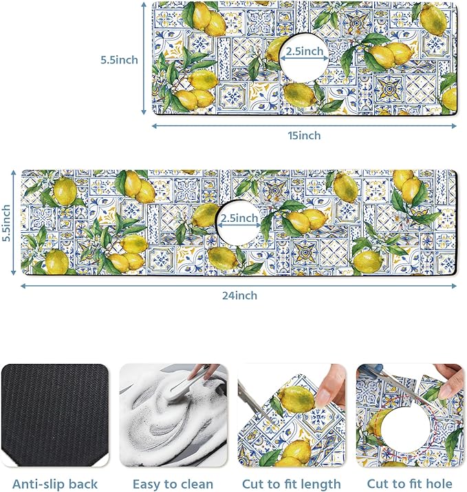 Patterned Sink Faucet Mat Kitchen Splash Guard Super Absorbent Drying Mat, Non-Slip Drain Pad for Kitchen Counter or Bathroom-24x5.5in